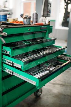 Car service tool box, professional instrument. Vehicle repairman equipment