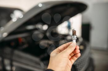 Mechanic shows spark plugs of the vehicle, motor diagnostic. Car with opened hood on background, auto-service