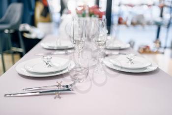 Empty tableware, table setting, nobody. Serving service, festive dinner decoration, holiday dinnerware prepared for celebration