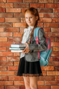 Cute schoolgirl with schoolbag holds books, brick wall on background. Adorable female pupil with backpack and books poses in the school