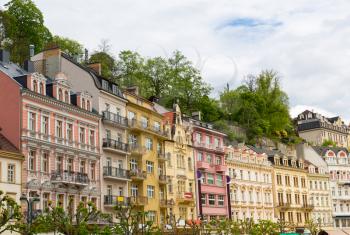 Building facades, old tradicional architecture, Karlovy Vary, Czech Republic, Europe. European town, famous place for travel and tourism