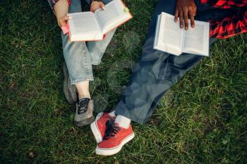Students with books resting on the grass in summer park. Male and female teenagers studying outdoors