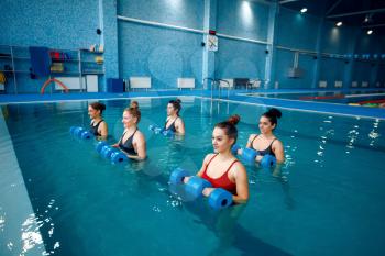 Female swimmers group, aqua aerobics in the pool. Women in the water, sport swimming fitness workout, healthy lifestyle