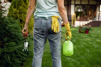 Woman with spray and hoe in the garden, back view. Female gardener takes care of plants outdoor, gardening hobby, florist lifestyle and leisure