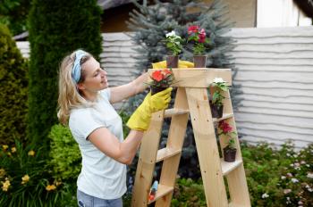 Woman in gloves growing flowers in pots in the garden. Female gardener takes care of plants outdoor, gardening hobby, florist lifestyle and leisure