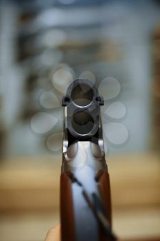 Rifle in gun shop, closeup view through the barrel, nobody. Euqipment for hunters on stand in weapon store, hunting and sport shooting hobby