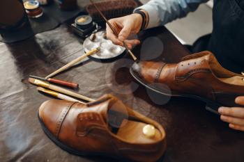 Bootmaker with brush tints shoes, footwear repair service. Craftsman skill, shoemaking workshop, cobbler shop