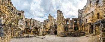 Old castle ruins, ancient stone building, Europe, panorama. Traditional european architecture, famous places for tourism