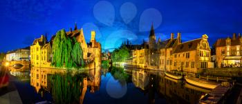 Belgium, Brugge, ancient European town with river channels, night cityscape, panoramic view. Tourism and travel, famous europe landmark, popular places, West Flanders, benelux