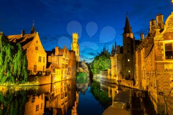 Belgium, Brugge, ancient European town with river channels, night cityscape, panoramic view. Tourism and travel, famous europe landmark, popular places, West Flanders