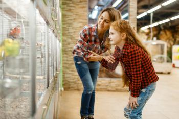 Mother with daughter choosing bird at the showcase in pet store. Woman and little child buying equipment in petshop, accessories for domestic animals