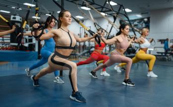 Group of women doing balance exercise in gym. People on fitness workout in sport club, athletic girls in sportswear on training indoors