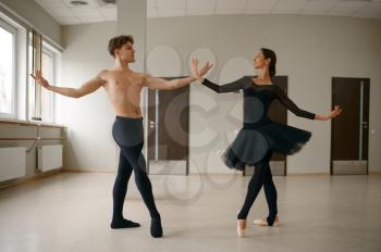 Female and male ballet dancers dancing at barre. Ballerina with partner training in class, dance studio interior