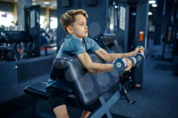 Teenager doing exercise with dumbbells in gym, side view. Youngster on training in sport club, healthcare and healthy lifestyle, schoolboy on workout, sportive youth