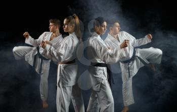 Four karate fighters in white kimono, group training, dark smoky background. Karatekas on workout, martial arts, fighting competition