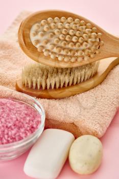 Different skin care products, macro view, pink background, nobody. Healthcare procedures concept, hygiene cosmetic, healthy lifestyle