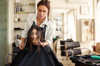 Hairdresser and smiling woman, hairdressing salon. Stylist and client in hairsalon. Beauty business, professional service