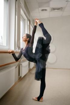Ballerina doing stretching exercise at barre in class. Ballet training, dance studio interior on background, elegant female dancer, beautiful grace