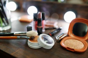 Makeup cosmetic set on the table closeup, nobody. Make-up products, beauty and skin care tools, professional cosmetology