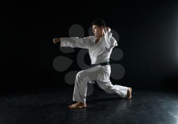 Male karate fighter in a combat stance, dark background. Man on karate workout, martial arts, fighting competition