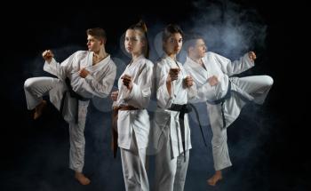 Four karate fighters in white kimono, group training, dark smoky background. Karatekas on workout, martial arts, fighting