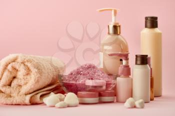 Skin care products on pink background, nobody. Healthcare procedures concept, hygiene cosmetic, healthy lifestyle, spa and bath