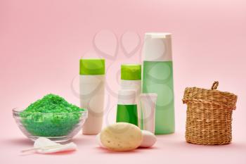Skin care products, macro view, pink background, nobody. Morning healthcare procedures concept, hygiene tools, healthy lifestyle