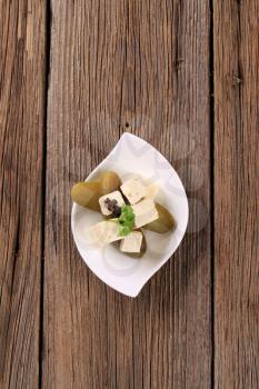 Marinated feta cheese and pickles - overhead