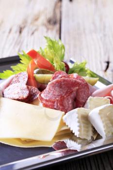 Variety of cheeses and deli meats on a tray