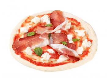 Raw pizza dough with mozzarella and proscuitto on top