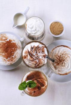 Variety of coffee and chocolate drinks - overhead