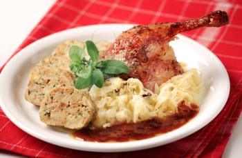 Czech cuisine - Roast Duck Leg with Cabbage and Bread Dumplings