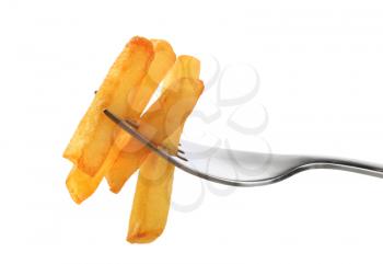 French fries on a fork isolated on white