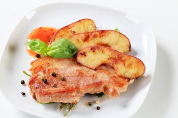 Pan fried belly pork and apple slices