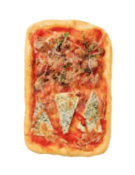 Rectangular pizza topped with blue cheese and tuna