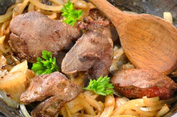 Pan fried chicken liver and onions