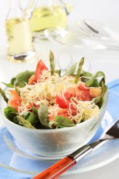 Fresh vegetable and salmon salad sprinkled with grated cheese