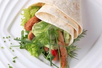 Vegetarian wrap sandwich with strips of soy meat