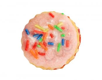 Pink frosted sugar cookie with colorful sprinkles