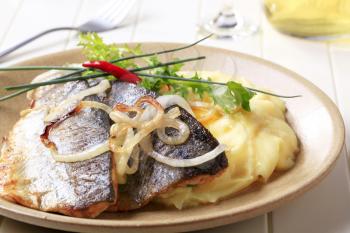 Pan fried trout fillets with potato puree