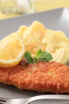 Fried breaded fish fillet with mashed potato