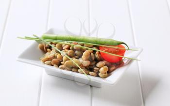 Vegetarian accompaniment - Cooked lentils on a rectangular plate