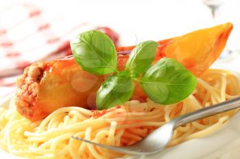 Hungarian pepper stuffed with minced meat served with spaghetti