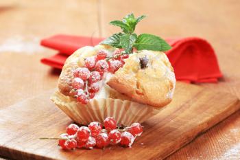 Muffin with sweet cream cheese and red currants