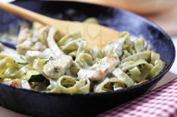 Spinach pasta and chicken meat in cream sauce
