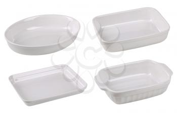 Porcelain casserole dishes isolated on white background