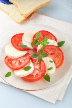 Sliced mozzarella and tomato arranged on a plate 