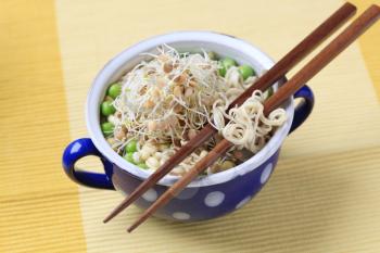 Pulses and sprouts with noodles - closeup