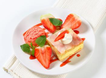Custard (Vanilla) Slice with fresh strawberries and ice cream