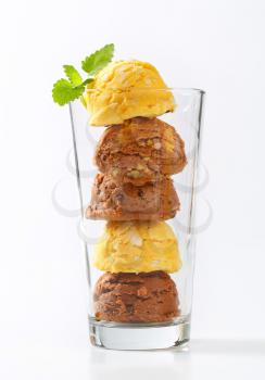 Scoops of ice cream stacked in tall glass